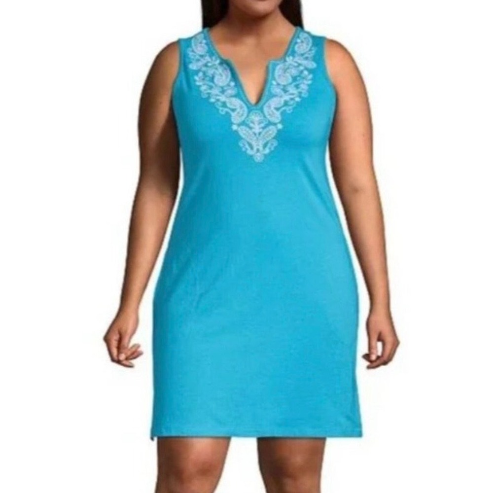 Lands End Cotton Jersey Sleeveless Swim Cover-up Dress Pockets Teal Plus Size 1X